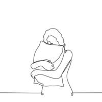 woman standing hugging and holding pillow - one line art . concept sleep problems, insomnia, lack of sleep, insomnia vector