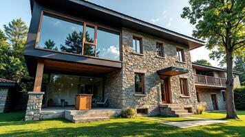 Modern Stone House Surrounded by Lush Greenery and Bright Sky photo