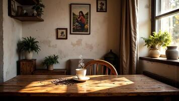 Cozy Coffee Scene with Steam Rising from Cup in Artistic Room photo