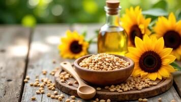 Sunflower Seeds and Oil with Fresh Flowers on a Wooden Table photo