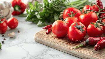 Fresh Vegetables and Herbs on Wooden Board with Marble Background photo