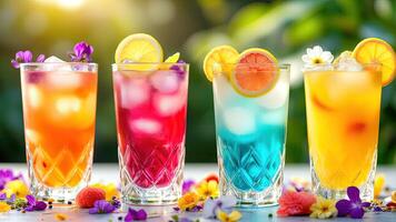 Colorful Refreshing Summer Drinks with Garnishes in Glassware photo