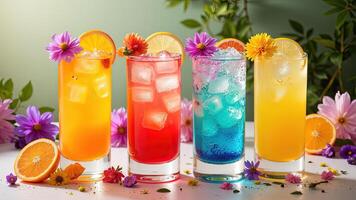 Colorful Summer Drinks with Fruit and Flowers in Fresh Setting photo