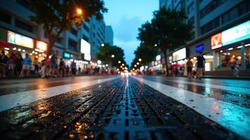 City Street at Night with Rain Reflections and Soft Bokeh Lights photo