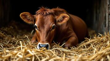 Anthrax is an acute bacterial infection. Brown Calf Resting on Straw in Rustic Barn Environment photo