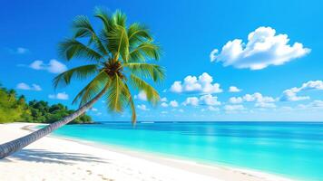 Serene Tropical Beach with Palm Tree and Clear Blue Sky Scenery photo