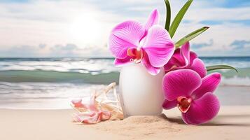 Elegant Pink Orchids in White Vase on Sandy Beach with Ocean Background photo