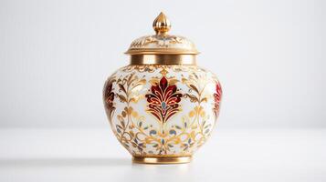 Decorative ceramic jar with intricate gold and colorful patterns photo