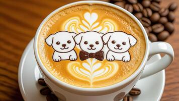 Cute Coffee Art Featuring Puppy Designs on Latte Foam Surface photo