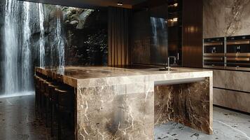 Modern Kitchen with Marble Countertop and Scenic Waterfall View photo