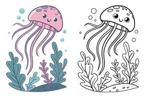 coloring book with full-color illustration on the left side and black-and-white outline version on the right side vector