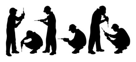 Set silhouette Handyman working using a drill vector