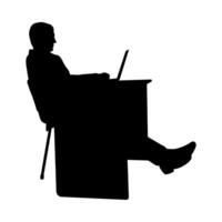 Silhouette of a businessman sitting at a table and working remotely on a Leptop. Isolated on white background vector
