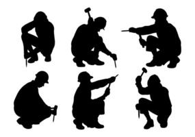 Silhouette Collection of a construction worker tearing down walls and floors using a chisel and hammer vector