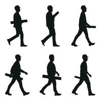 Silhouette illustration of Engineer or Architect walking carrying blueprint on white background vector