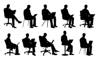Silhouette of a male entrepreneur working remotely with a laptop while seated on a chair, isolated on white background vector