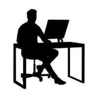 Silhouette of a Businessman Working Remotely on Computer at Desk vector