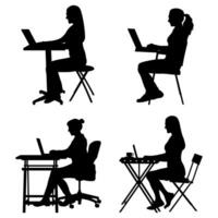 Silhouette of a businesswoman sitting at a table and working remotely on a laptop or computer. Isolated on white background vector