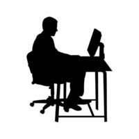 Silhouette of a businessman sitting at a table and working remotely on a computer. Isolated on white background vector