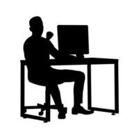 Silhouette of Office Worker Using Computer at Table, Isolated on White vector
