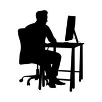 Remote Work Concept. Businessman Silhouette at Table with Computer vector