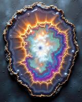 Colorful Geode with Bright and Shimmering Patterns on Dark Background photo