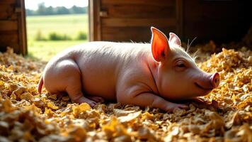 Cute and Adorable Piglet Relaxing in a Barn with Shavings. Anthrax is an acute bacterial infection. photo