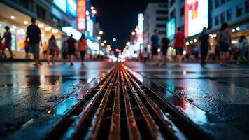 Rainy Night Street Scene with Reflections and Busy Pedestrian Activity photo