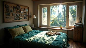 Cozy bedroom with large window and morning sunlight illuminating space photo