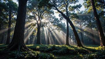 Sunlight Streaming Through Trees in Serene Forest Landscape photo