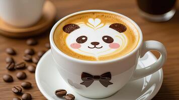 Cute Panda Latte Art in Coffee Cup on Wooden Table photo