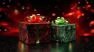 Festive Red and Green Gift Boxes with Glittering Background photo