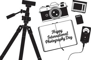 a camera, tripod, and other items are shown in a black and white image vector