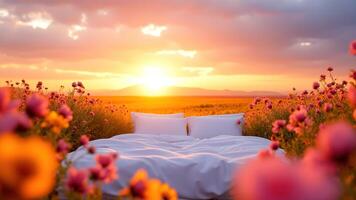 Tranquil Sunset Over Flower Field with White Bed and Pillows photo