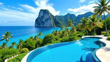 Scenic Tropical Paradise with Pool and Mountain View in Background photo