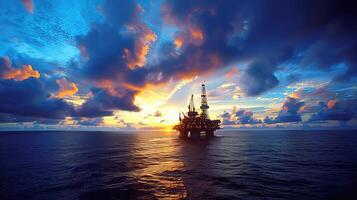 Stunning Sunset Over Oil Rig in Calm Ocean Waters photo