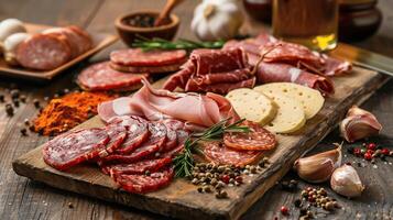 Assorted Meat and Cheese Platter with Fresh Herbs and Spices photo