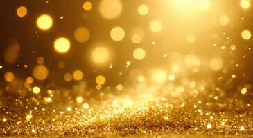 Glimmering golden bokeh light on sparkling golden background photo