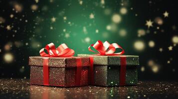 Sparkling Christmas Gifts with Bows on a Festive Green Background photo