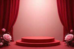 Elegant Stage with Red Curtains and Pink Roses for Presentation photo