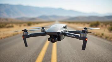Drone in Flight Over Deserted Road with Mountains in Background photo