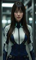Futuristic Woman in High-Tech Outfit in Industrial Setting photo
