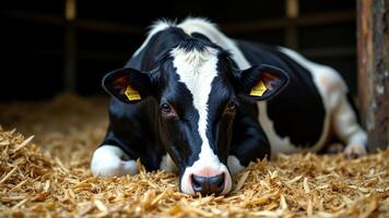 Cow Relaxing on the Straw in Barn with Soft Lighting and Texture. Anthrax is an acute bacterial infection. photo
