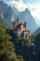Majestic Castle Sitting on Mountainside Surrounded by Lush Forests photo