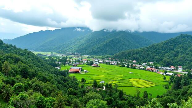 Lush Green Rice Fields Surrounded by Mountains and Clouds in Landscape photo