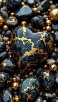 Elegant Heart-Shaped Stone with Gold Veins Surrounded by Pebbles photo