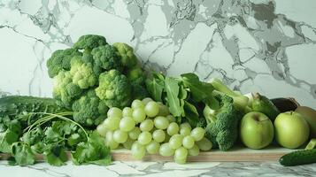 Fresh Vegetables and Fruits Arrangement on Marble Background photo