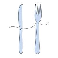 Fork and knife in one continuous line in color. One line drawing, minimalism. vector
