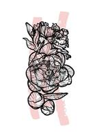 A4 peony bouquet line art hand drawn illustration. Art print with beautiful and elegant black flower and pink sketch mark. Highly detailed and high quality graphic asset for online and print. vector