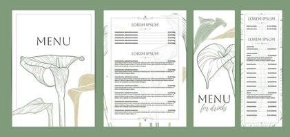Colorful food and drinks menu designs. Restaurant menu template. Beautiful A4 format with high quality flowers for print and online. Saturated hand drawn line art calla lily illustrations. vector